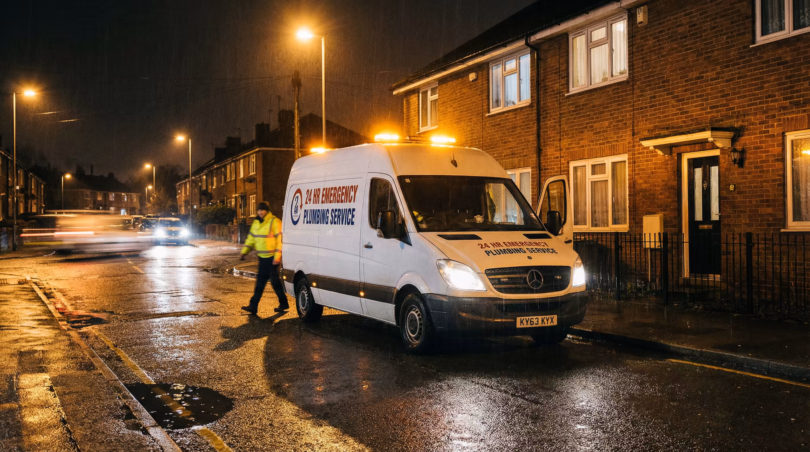 Técnico de desentupidora trabalhando à noite, representando o serviço 24 horas