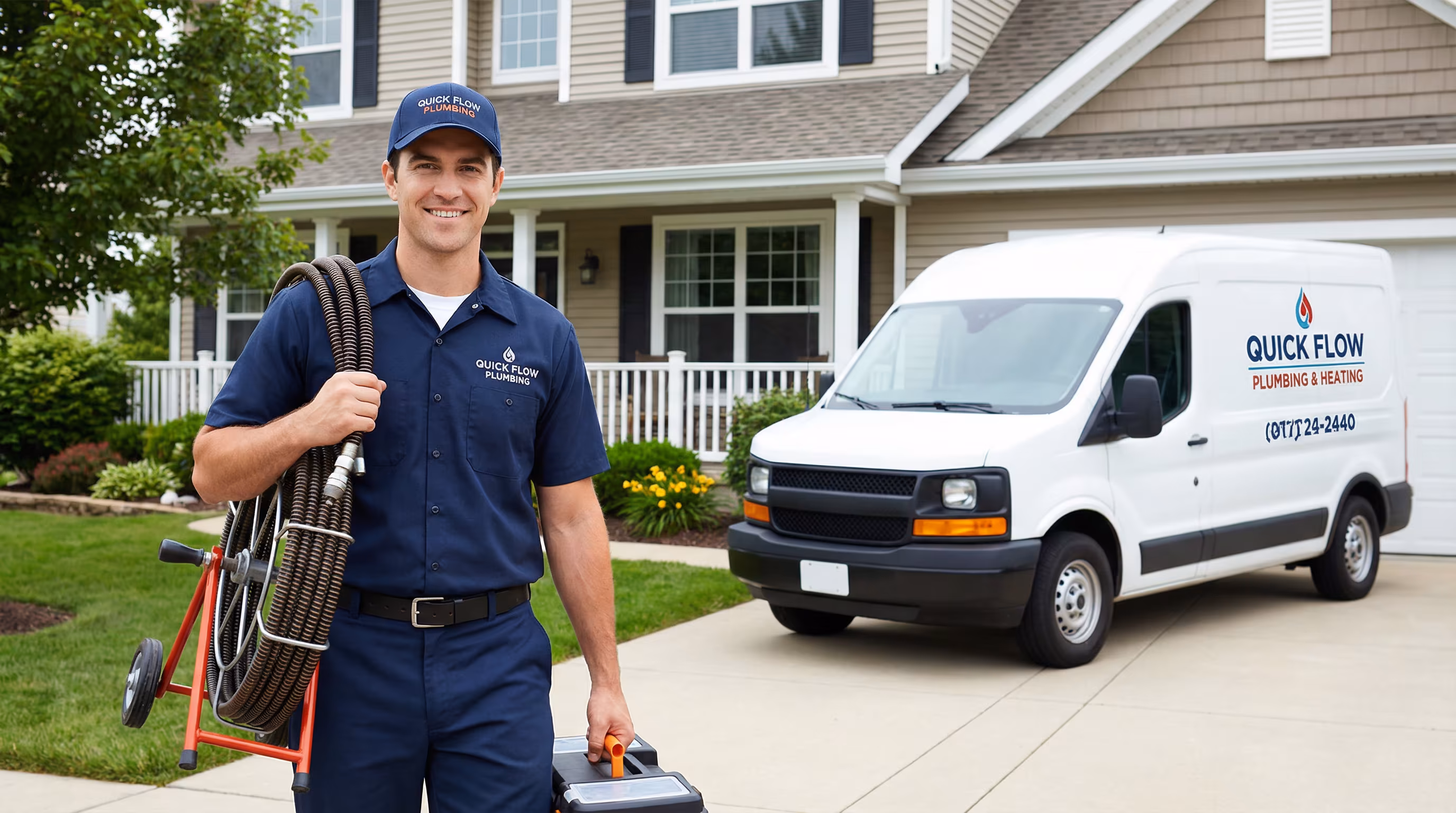 Técnico de desentupidora profissional com equipamento, representando quando chamar uma desentupidora