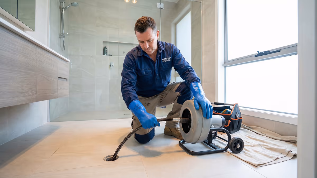 Técnico realizando limpeza profissional de ralo de banheiro